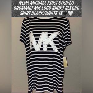 🎉HP🎉New! Michael Kors Striped Grommet MK Logo Short Sleeve Shirt Black/White 1X🖤